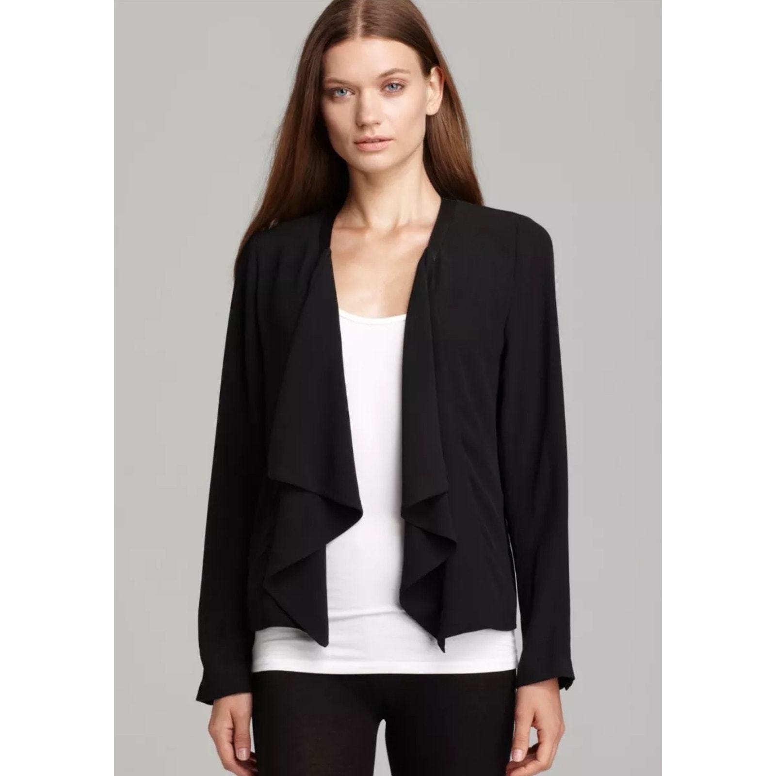 Eileen Fisher Silk Georgete Crepe Jacket Black Drape Front Leather Trim Msrp$378